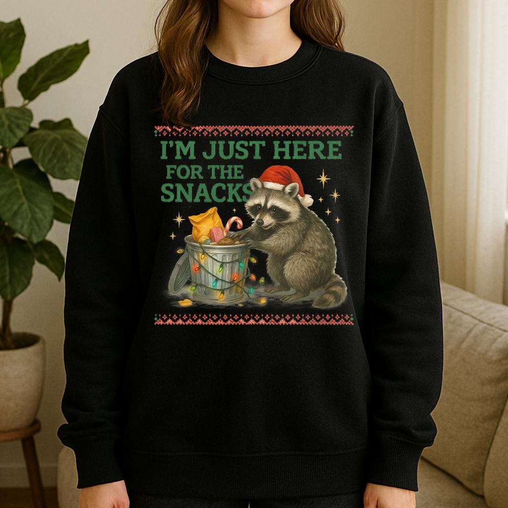 I’m Just Here for the Snacks Sweatshirt – Funny Holiday Apparel with Raccoon and Christmas Lights