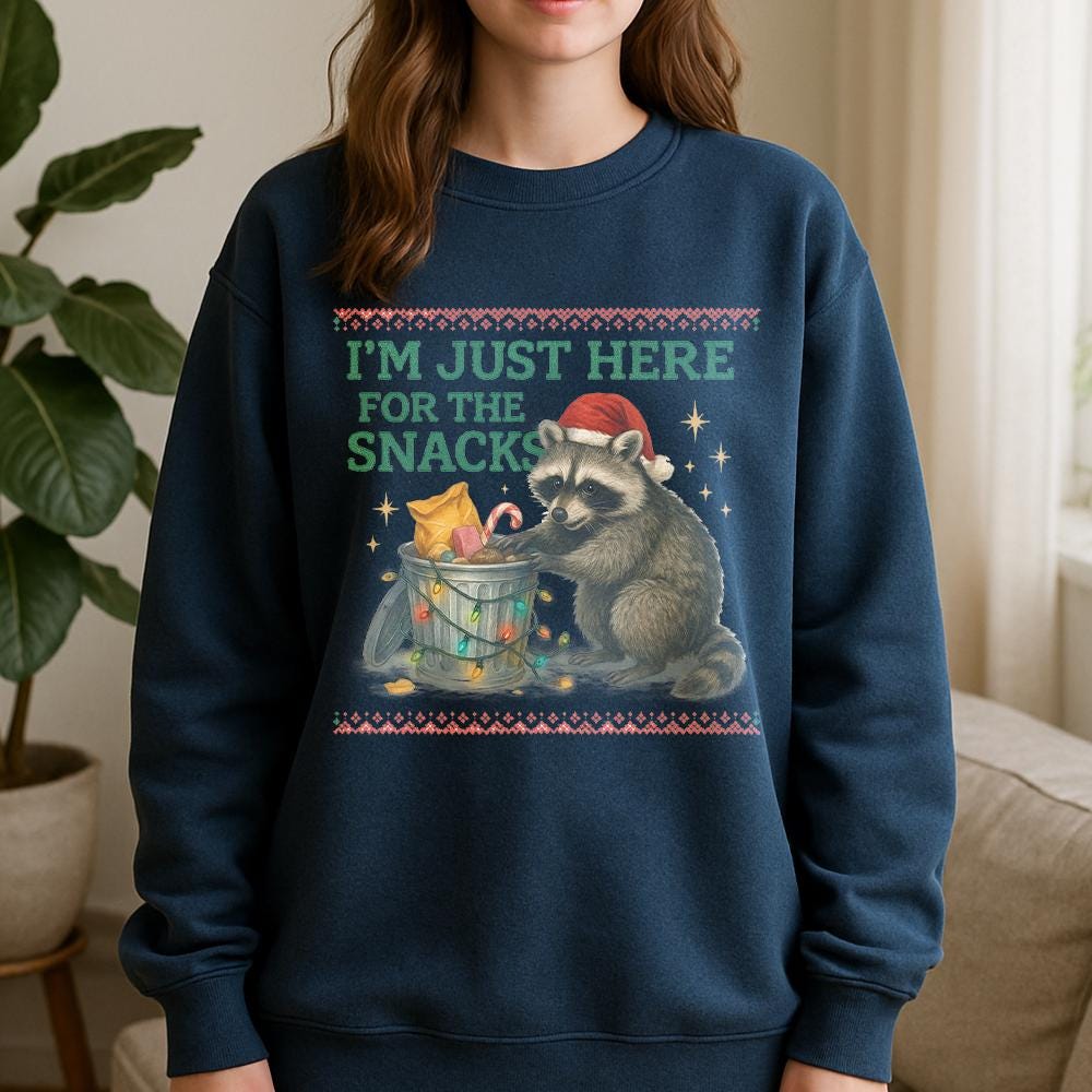I’m Just Here for the Snacks Sweatshirt – Funny Holiday Apparel with Raccoon and Christmas Lights