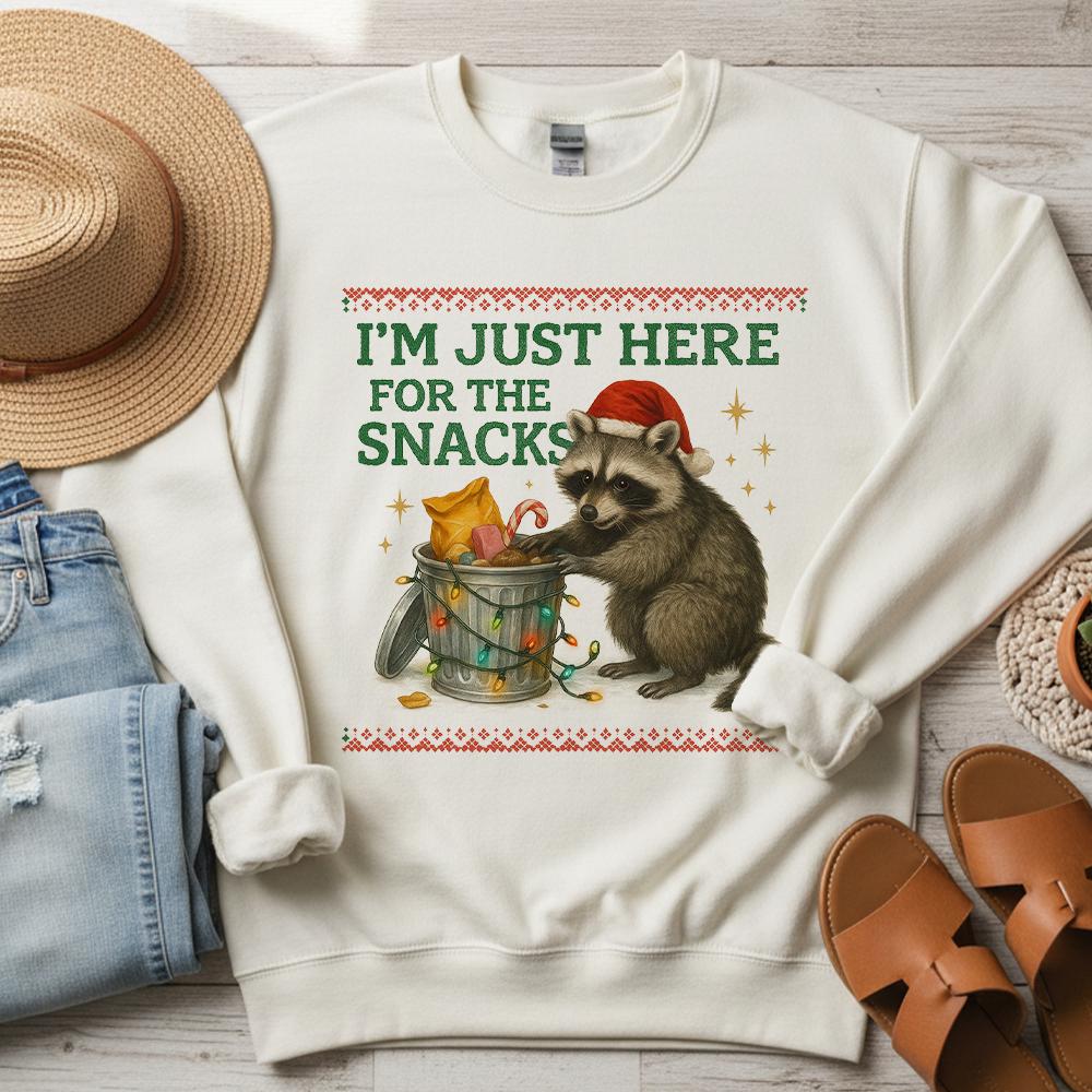 I’m Just Here for the Snacks Sweatshirt – Funny Holiday Apparel with Raccoon and Christmas Lights