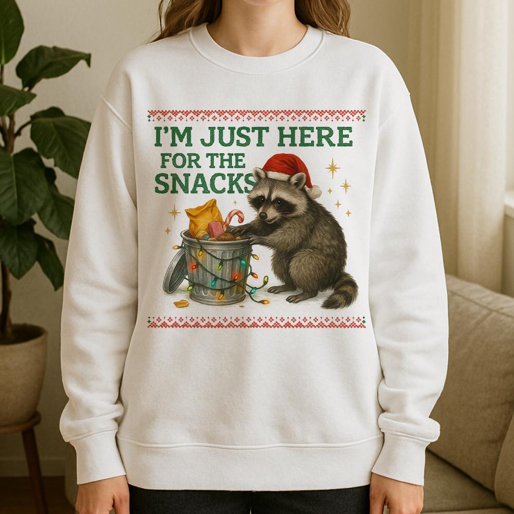 I’m Just Here for the Snacks Sweatshirt – Funny Holiday Apparel with Raccoon and Christmas Lights