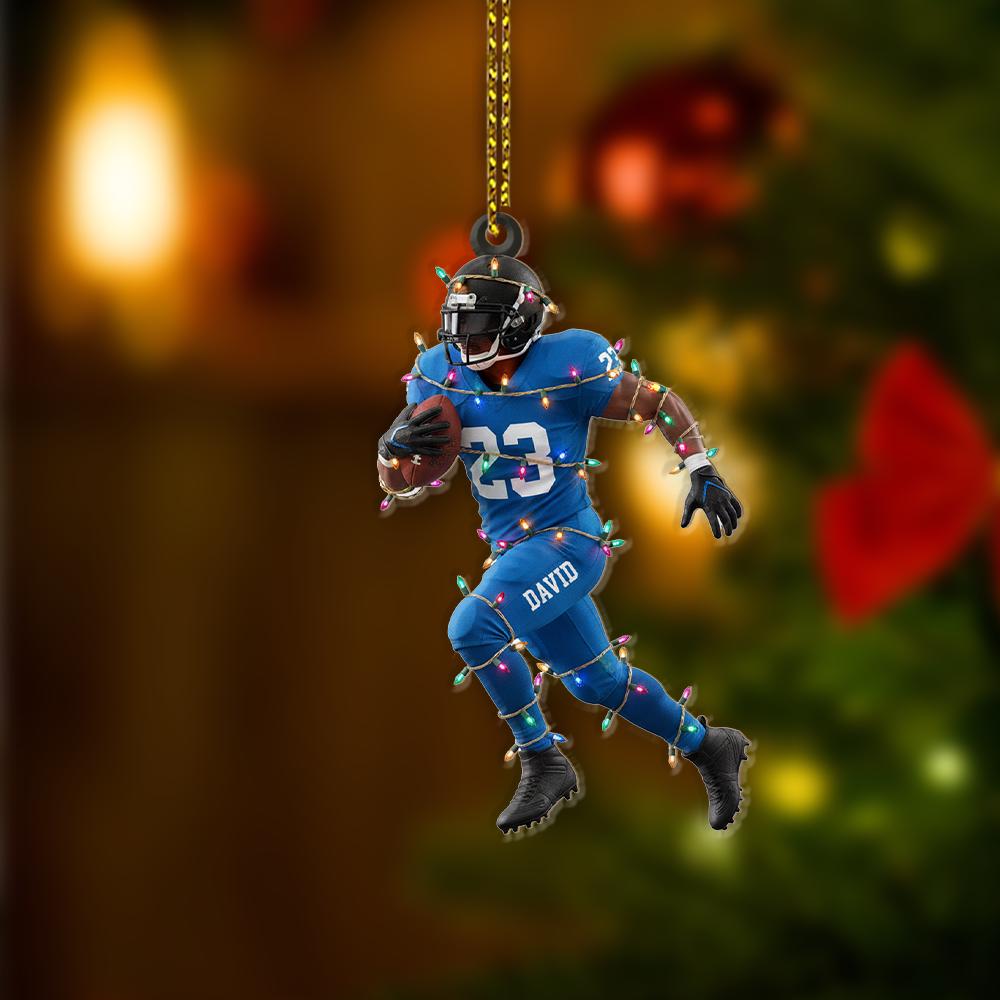 Personalized Football Player Ornament – Custom Name Christmas Decoration with Lights and Action Pose