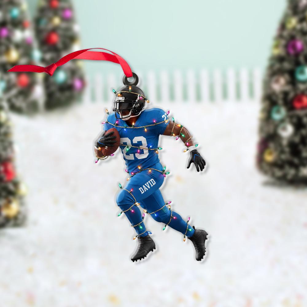 Personalized Football Player Ornament – Custom Name Christmas Decoration with Lights and Action Pose