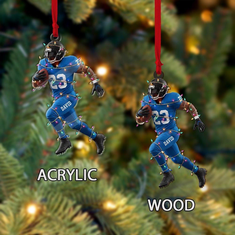 Personalized Football Player Ornament – Custom Name Christmas Decoration with Lights and Action Pose
