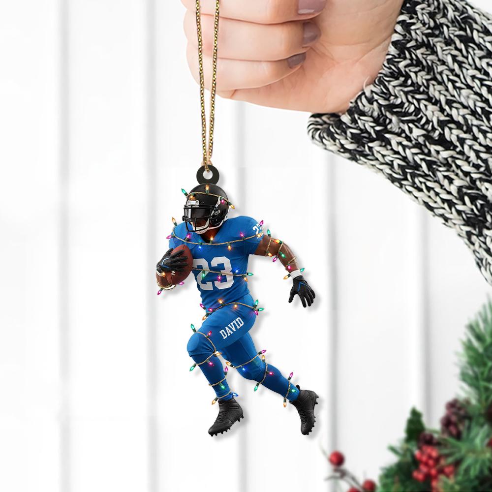 Personalized Football Player Ornament – Custom Name Christmas Decoration with Lights and Action Pose