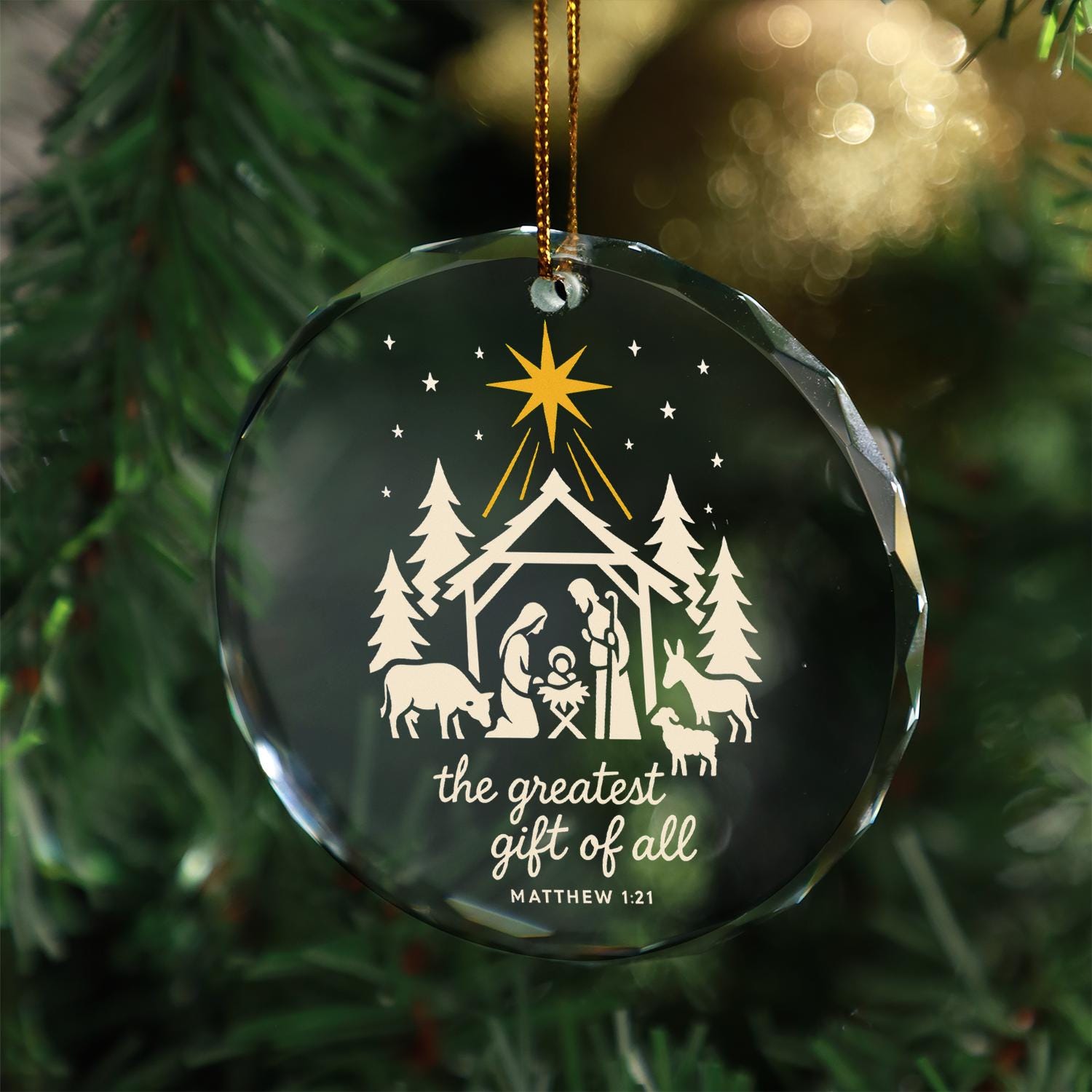 Nativity Scene Christmas Ornament, Bible Verse Matthew 1:21, Christian Holiday Tree Decoration, Religious Glass Ornament