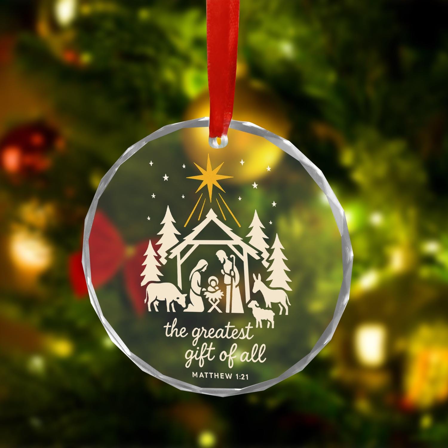 Nativity Scene Christmas Ornament, Bible Verse Matthew 1:21, Christian Holiday Tree Decoration, Religious Glass Ornament
