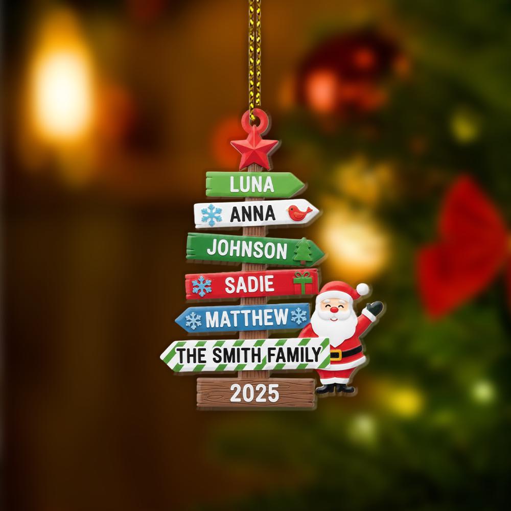 Personalized Family Christmas Tree Ornament – Custom Name with Santa, Family Signposts, and 2025