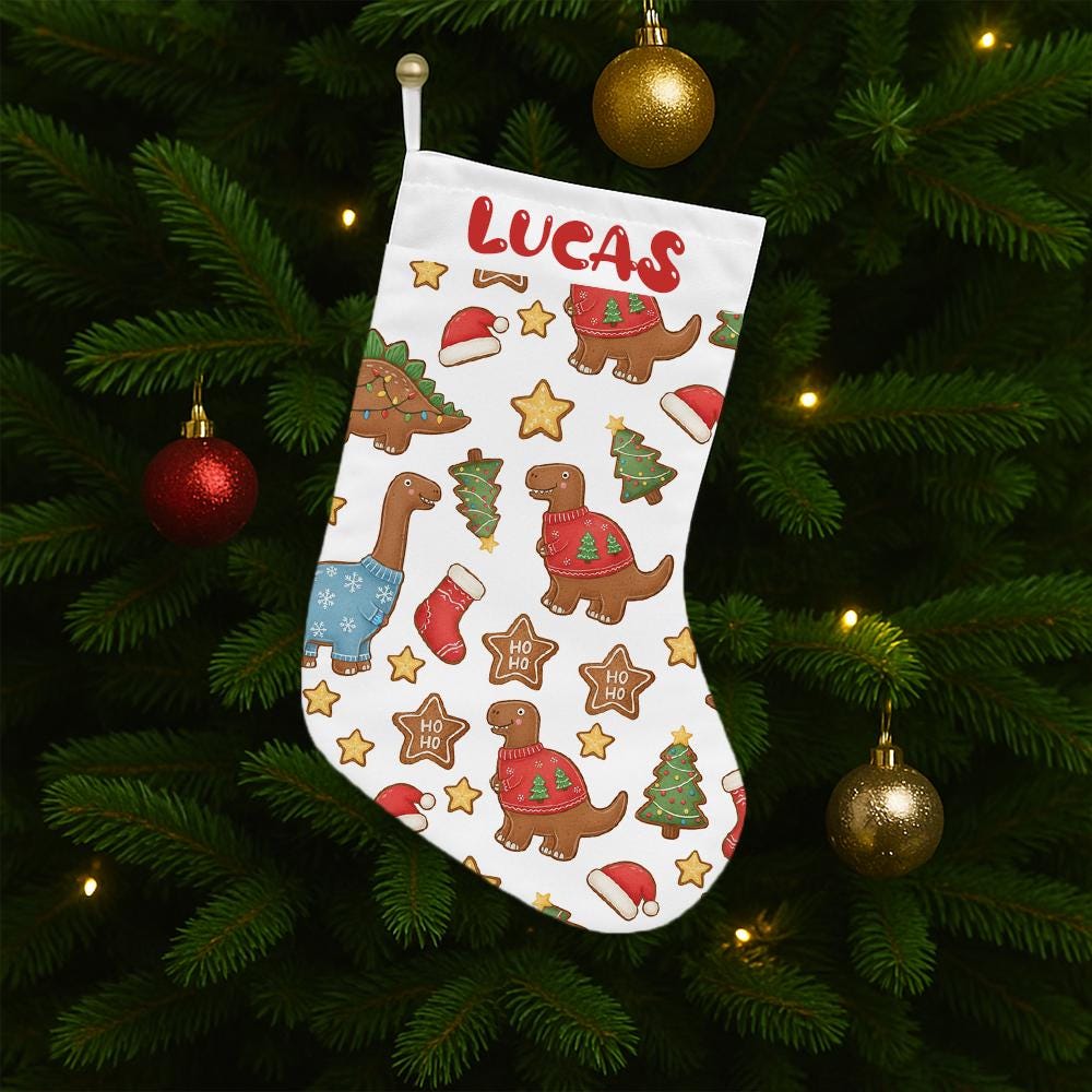 Personalized Dinosaur Cookies Christmas Stocking with Name – Custom Kids Holiday Stocking, Dino Cookie Print