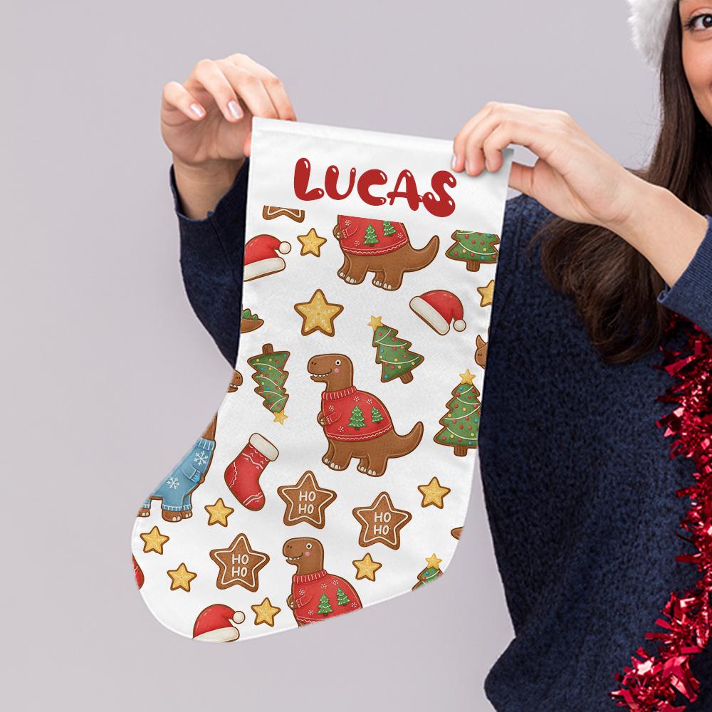 Personalized Dinosaur Cookies Christmas Stocking with Name – Custom Kids Holiday Stocking, Dino Cookie Print