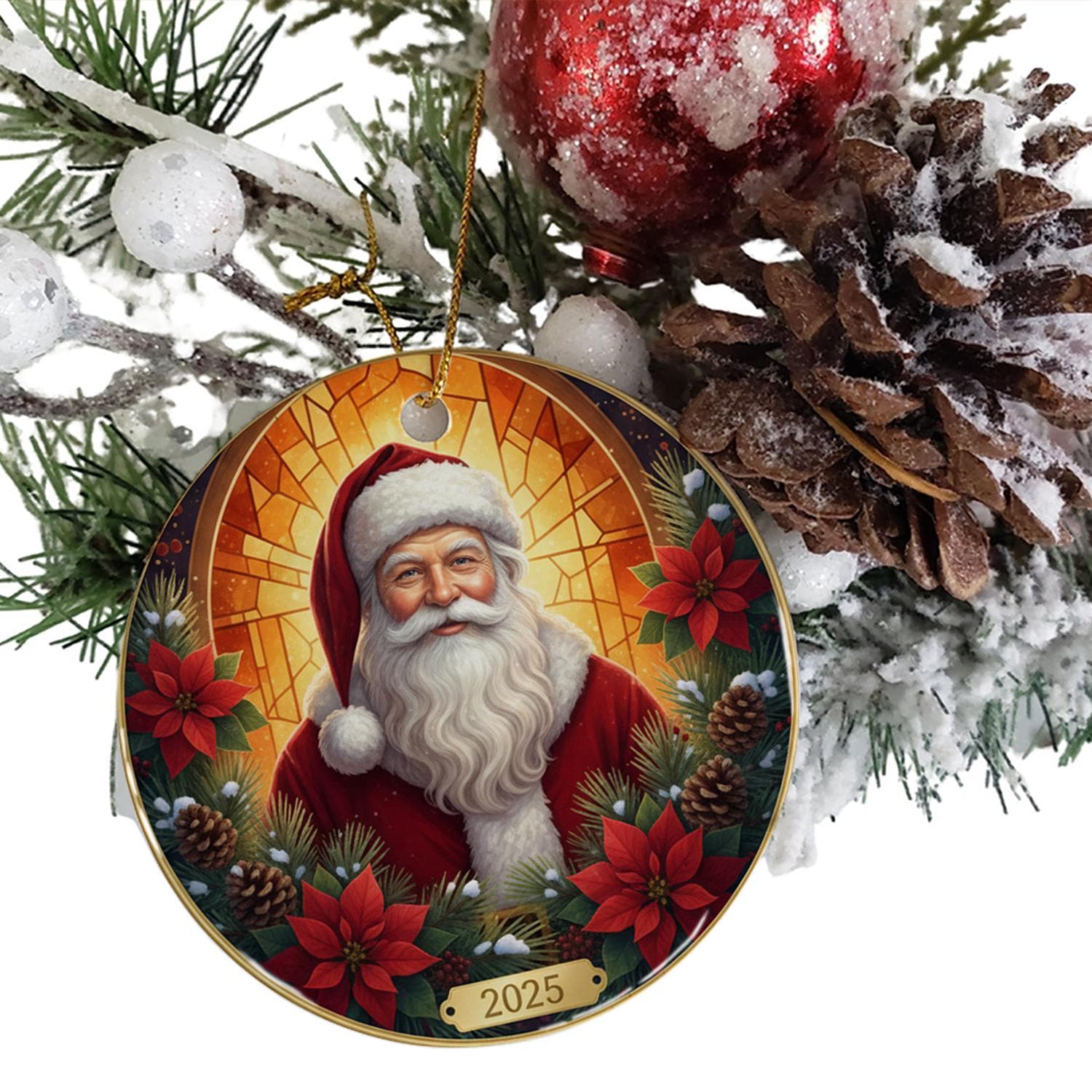 Santa Claus Ornament 2025 – Christmas Decoration with Poinsettias and Pinecones