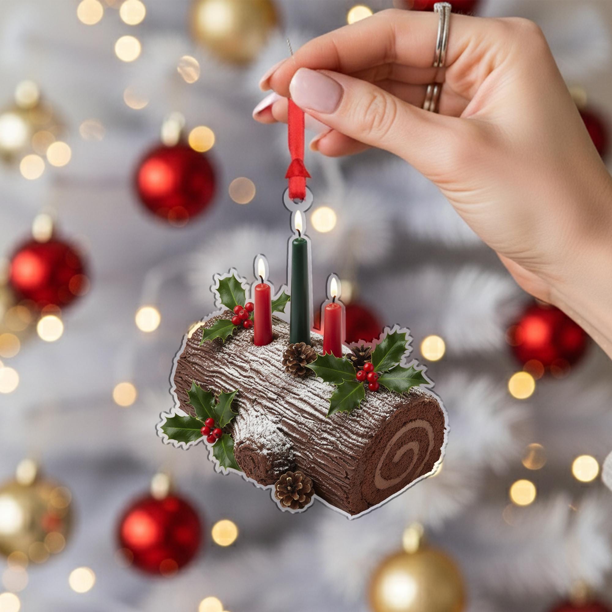 Yule Log Ornament: Christmas Tree Decoration with Candles and Holly