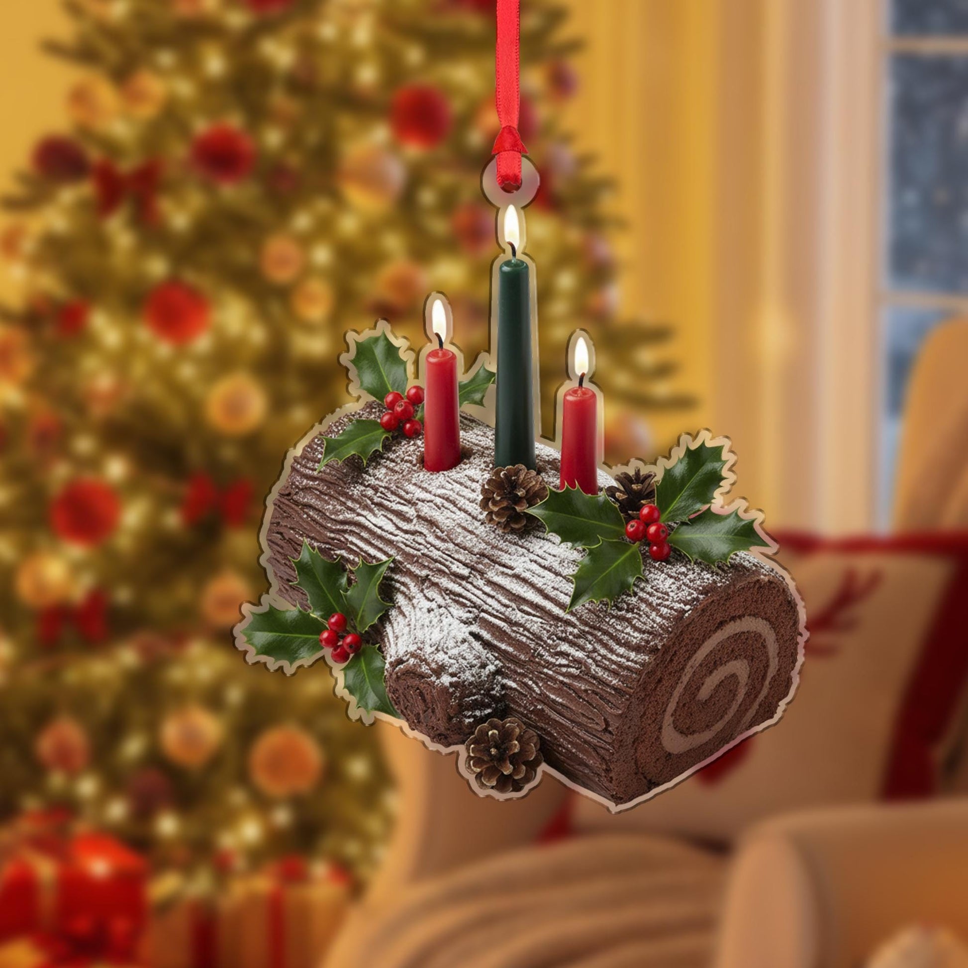 Yule Log Ornament: Christmas Tree Decoration with Candles and Holly