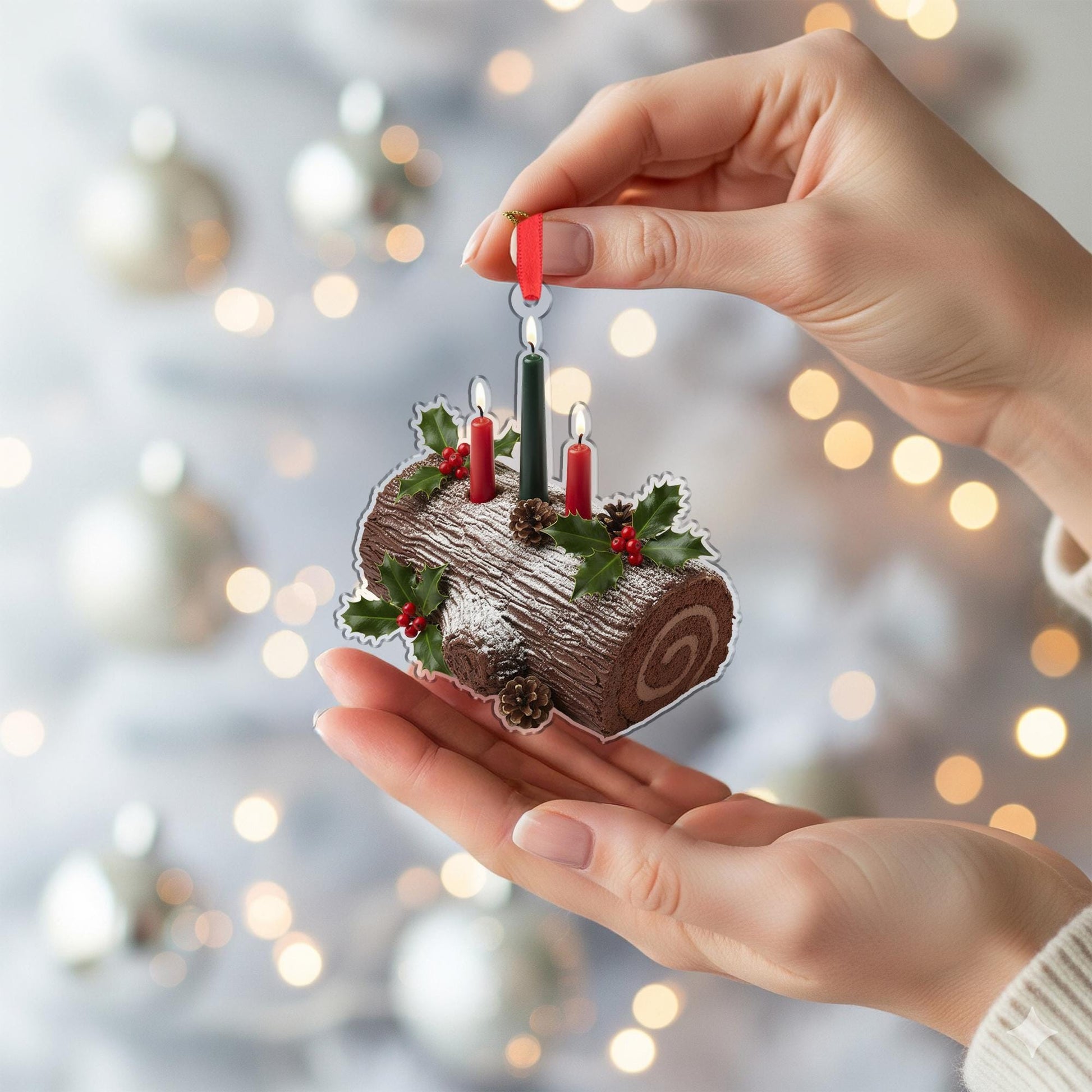 Yule Log Ornament: Christmas Tree Decoration with Candles and Holly