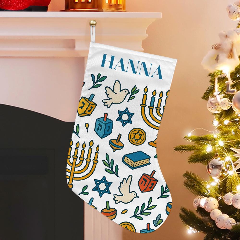 Personalized Hanukkah Stocking with Menorah, Dreidel, Star of David, Dove, and Custom Name