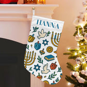 Personalized Hanukkah Stocking with Menorah, Dreidel, Star of David, Dove, and Custom Name