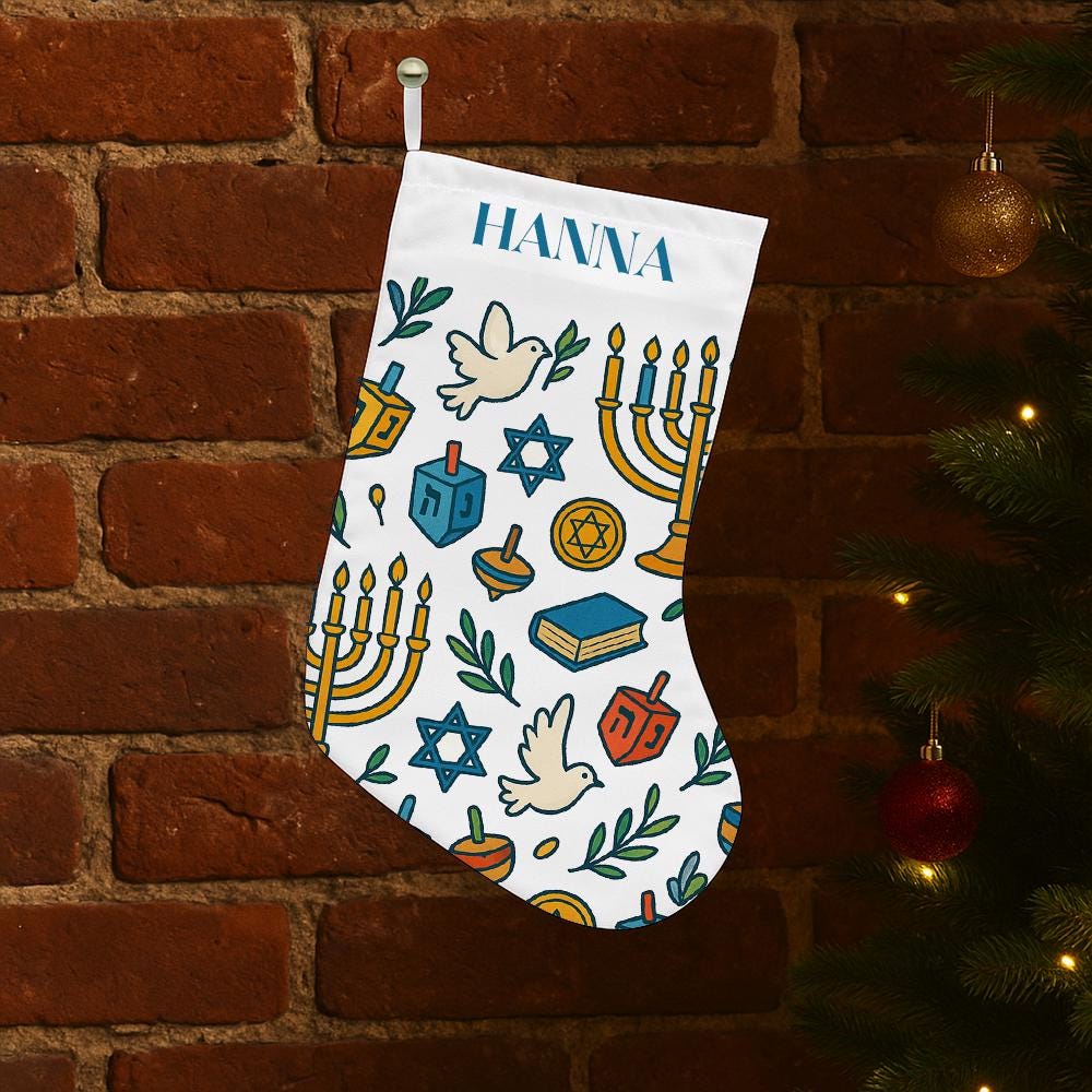 Personalized Hanukkah Stocking with Menorah, Dreidel, Star of David, Dove, and Custom Name