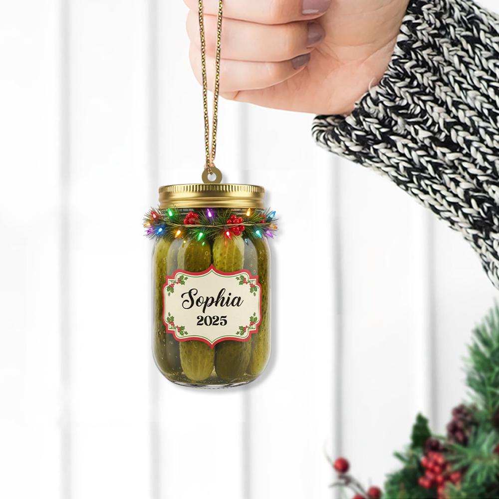Personalized Pickle Jar Ornament – Custom Name with Christmas Lights and 2025 Date