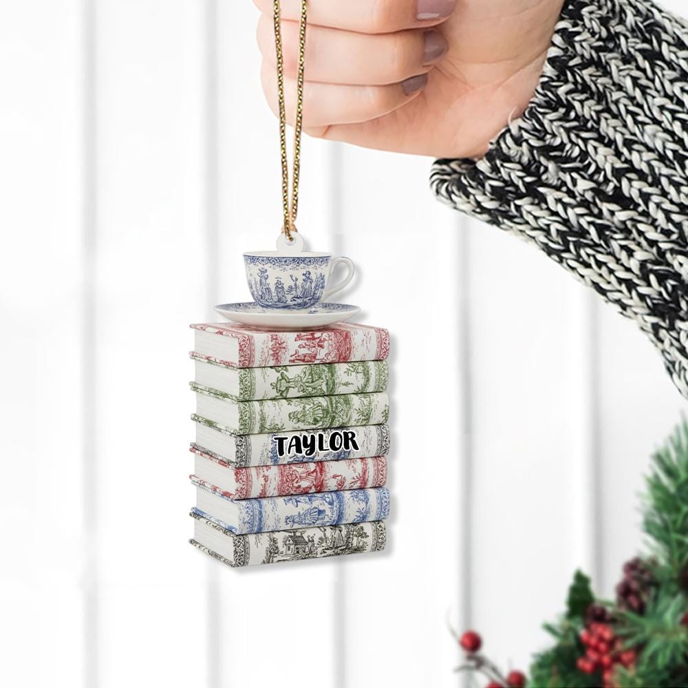 Personalized Book Stack Ornament: Toile de Jouy Teacup Christmas Decoration