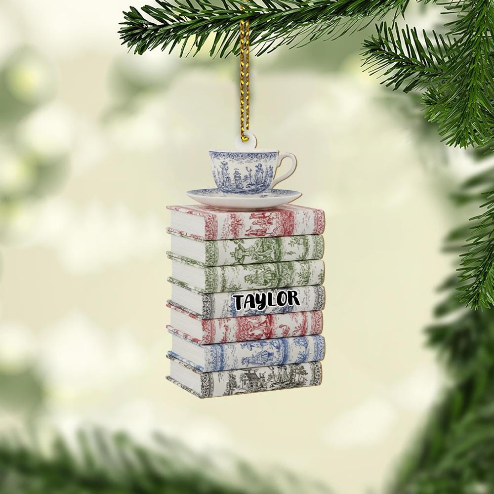 Personalized Book Stack Ornament: Toile de Jouy Teacup Christmas Decoration