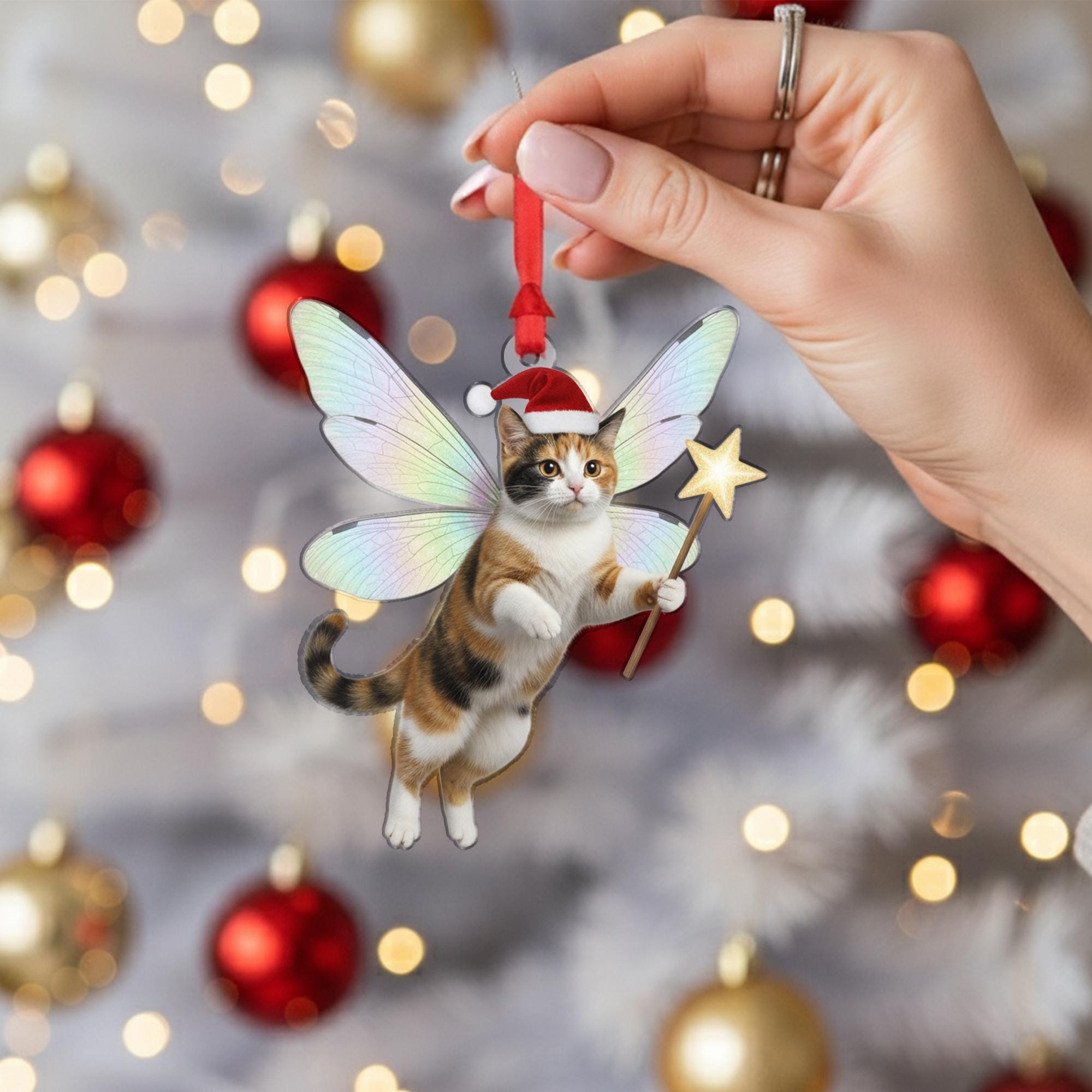 Cat Fairy Ornament: Christmas Tree Decoration with Wings and Santa Hat
