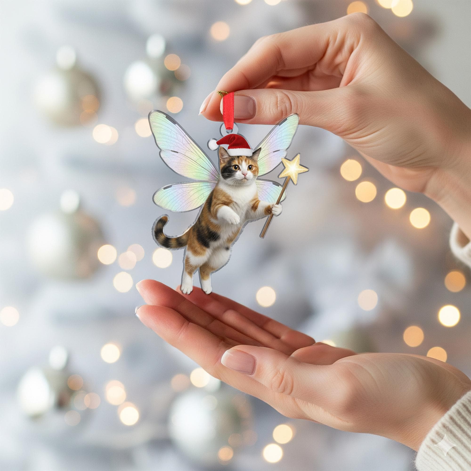 Cat Fairy Ornament: Christmas Tree Decoration with Wings and Santa Hat