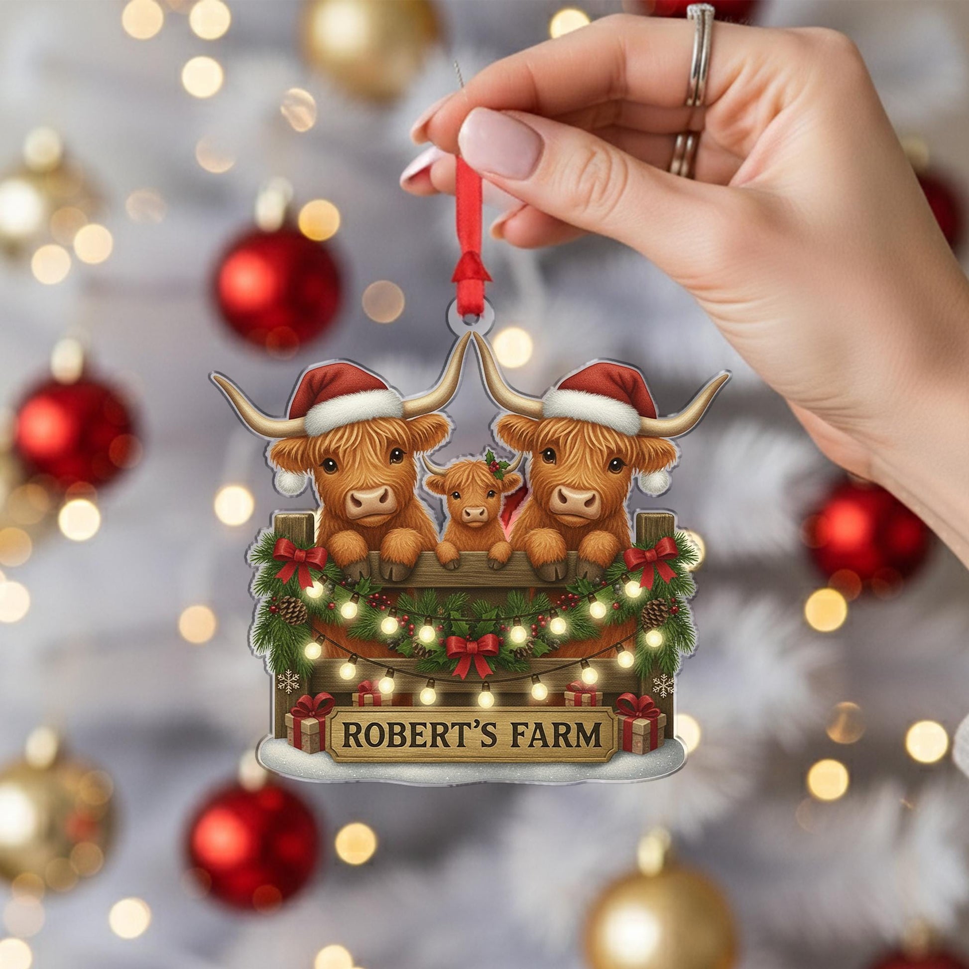 Personalized Farm Ornament: Highland Cow Family Christmas Tree Decoration