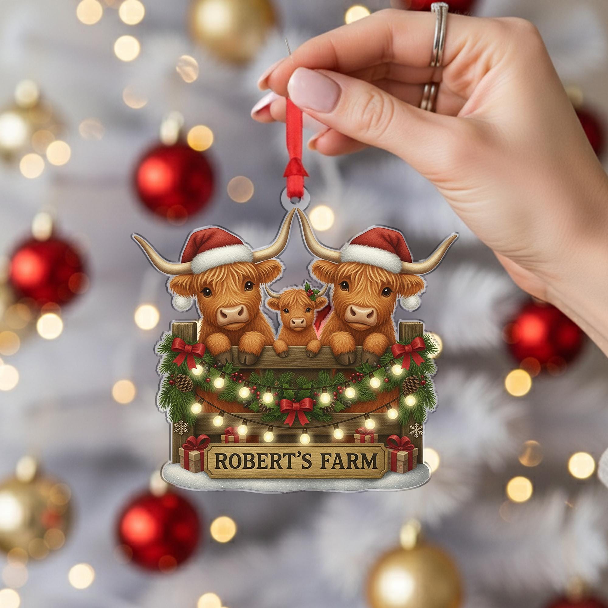 Personalized Farm Ornament: Highland Cow Family Christmas Tree Decoration