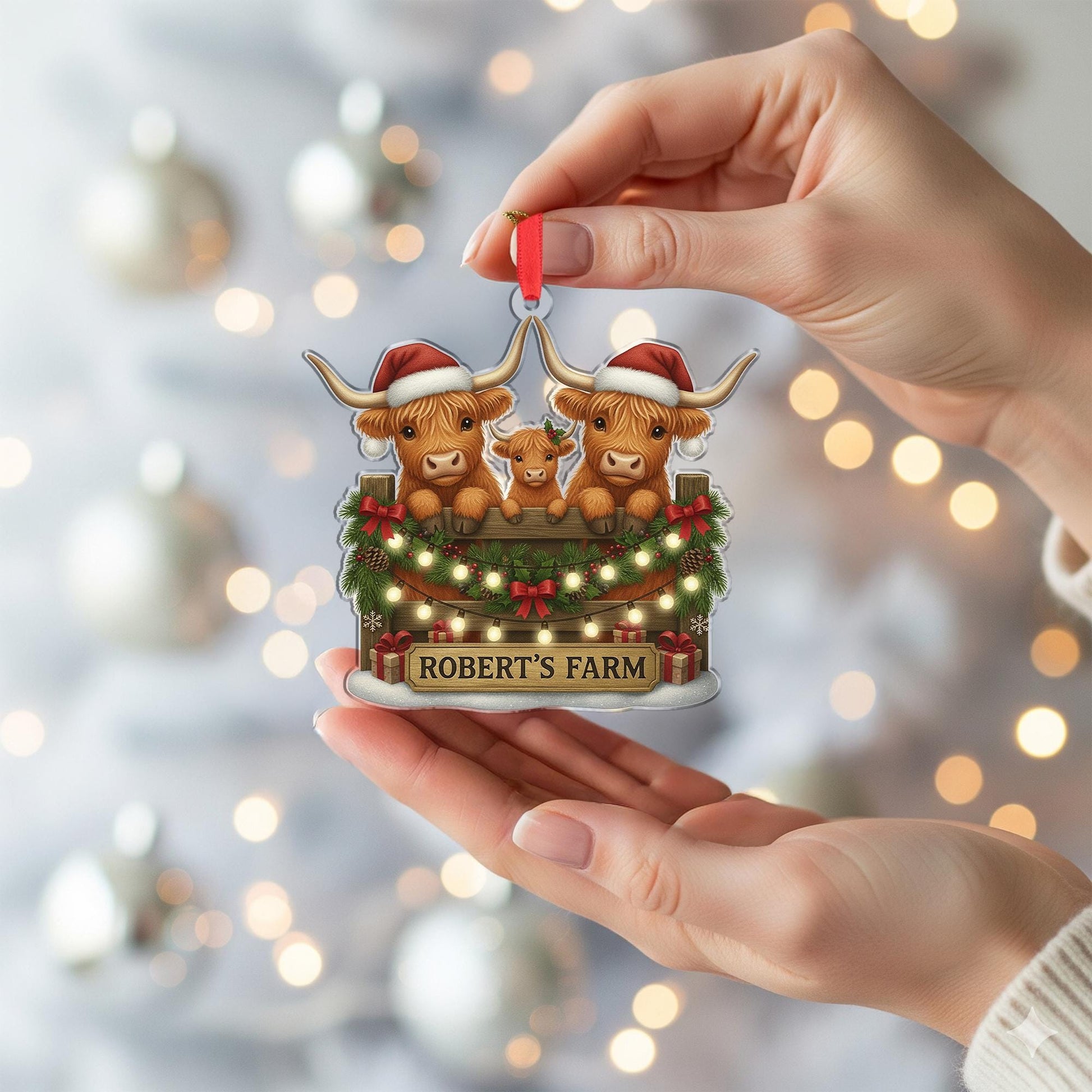 Personalized Farm Ornament: Highland Cow Family Christmas Tree Decoration
