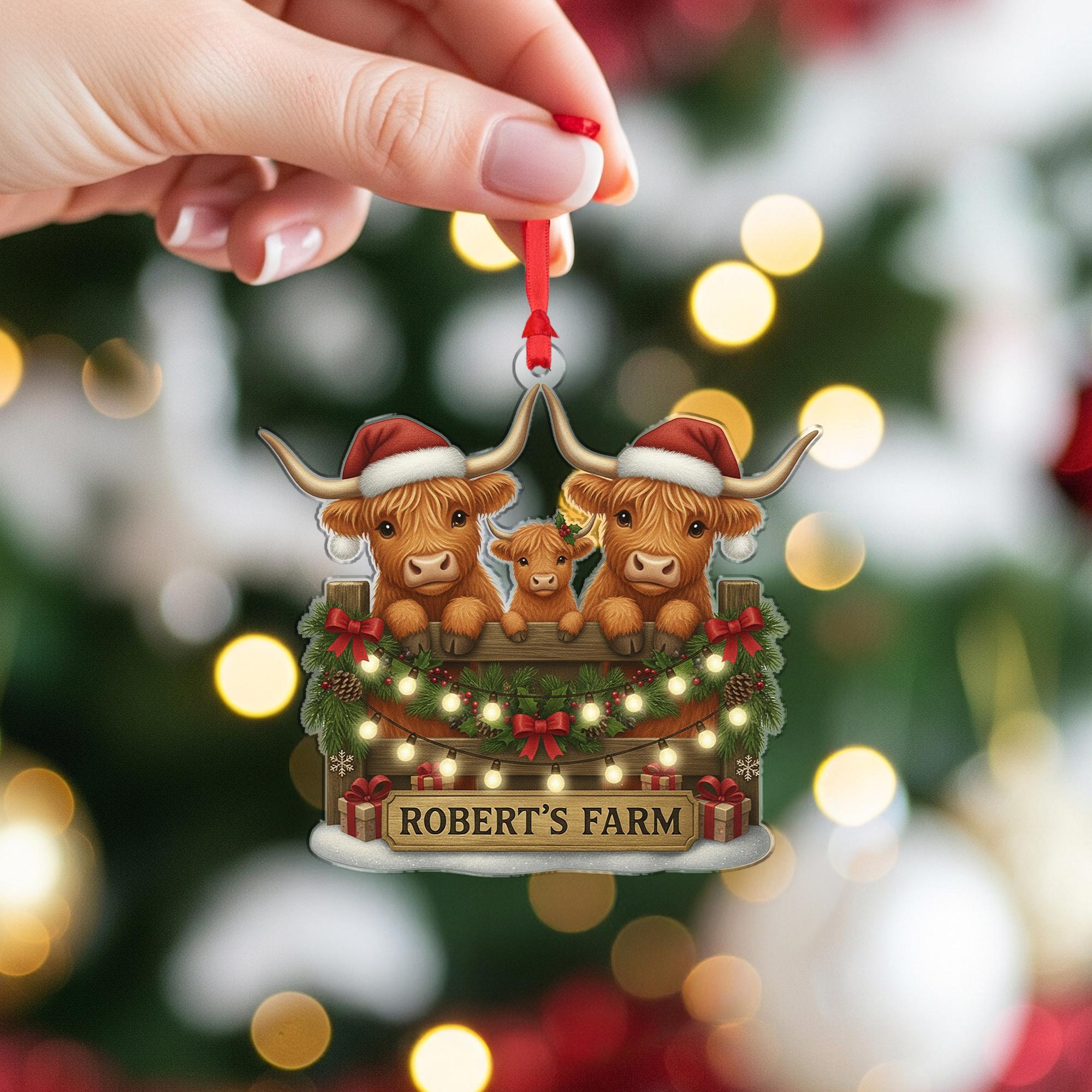 Personalized Farm Ornament: Highland Cow Family Christmas Tree Decoration