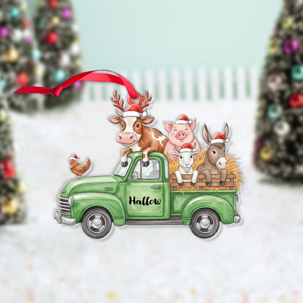 Personalized Farm Animals Christmas Truck Ornament – Custom Name with Santa Hats and Hay