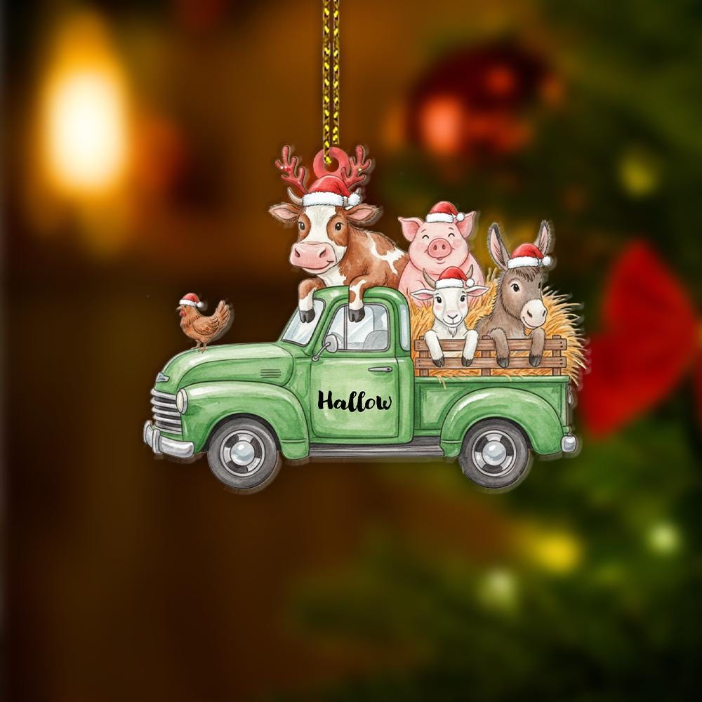 Personalized Farm Animals Christmas Truck Ornament – Custom Name with Santa Hats and Hay