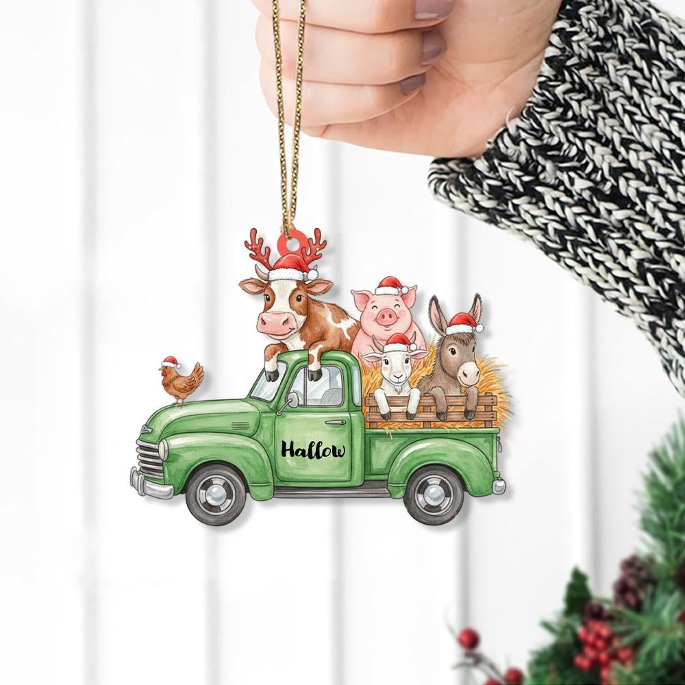 Personalized Farm Animals Christmas Truck Ornament – Custom Name with Santa Hats and Hay