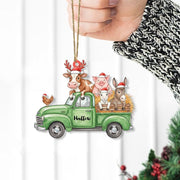 Personalized Farm Animals Christmas Truck Ornament – Custom Name with Santa Hats and Hay