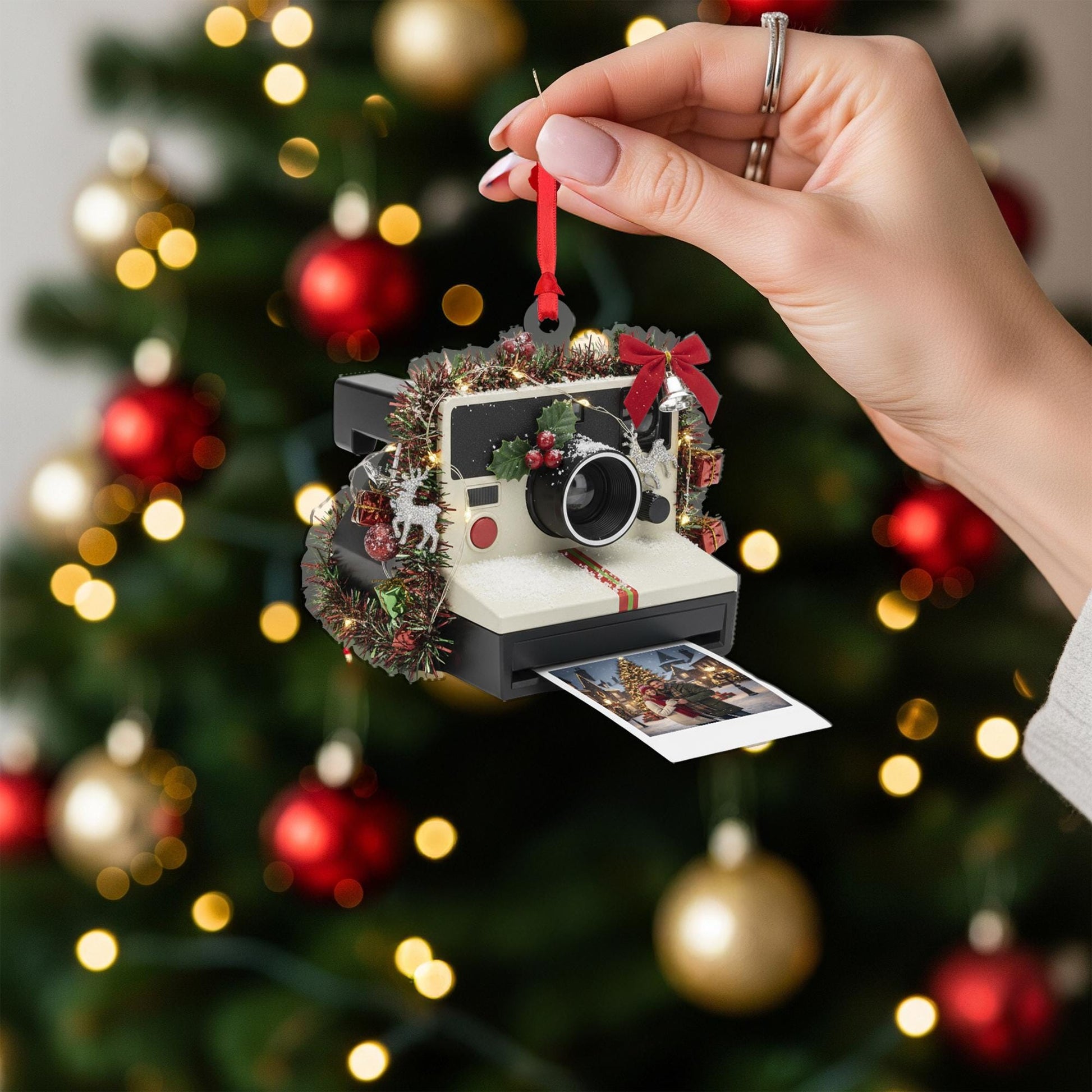 Camera Ornament: Retro Christmas Tree Decoration with Photo and Holiday Details