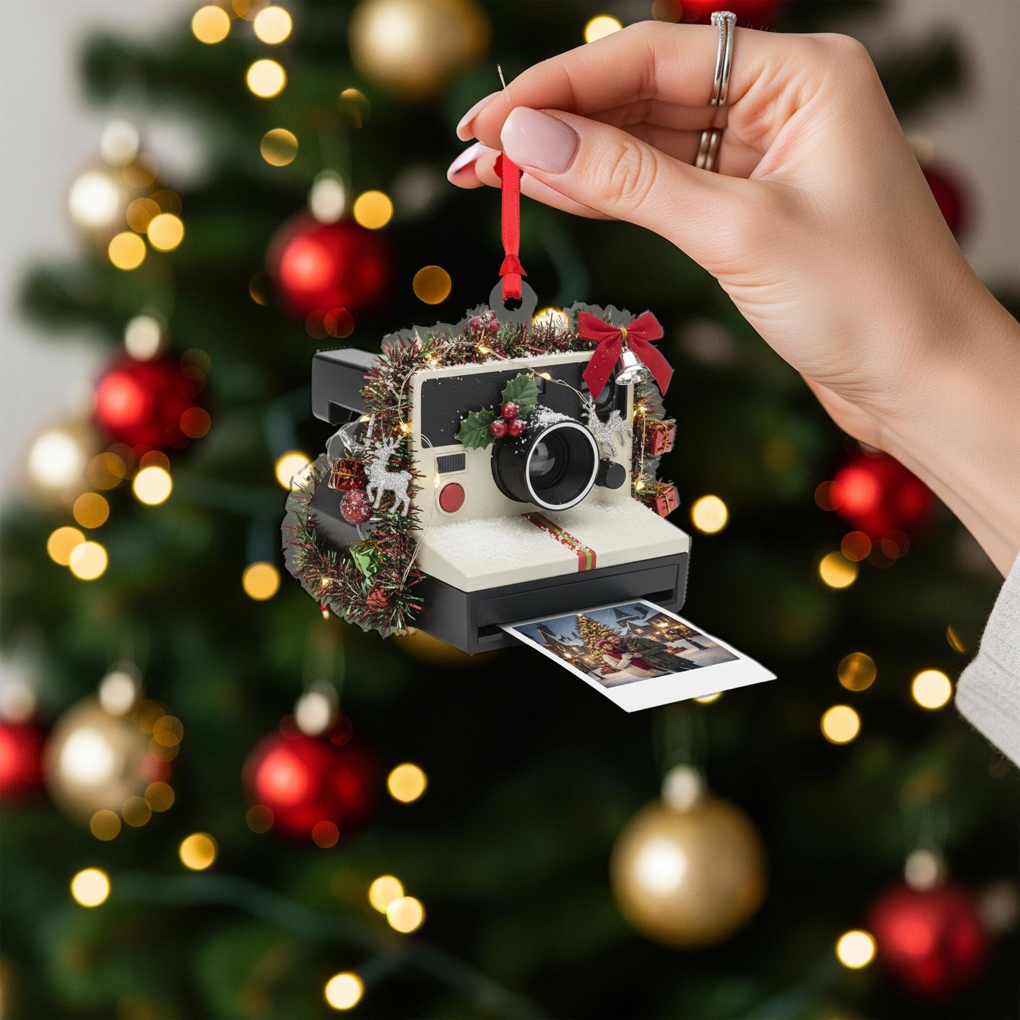 Camera Ornament: Retro Christmas Tree Decoration with Photo and Holiday Details