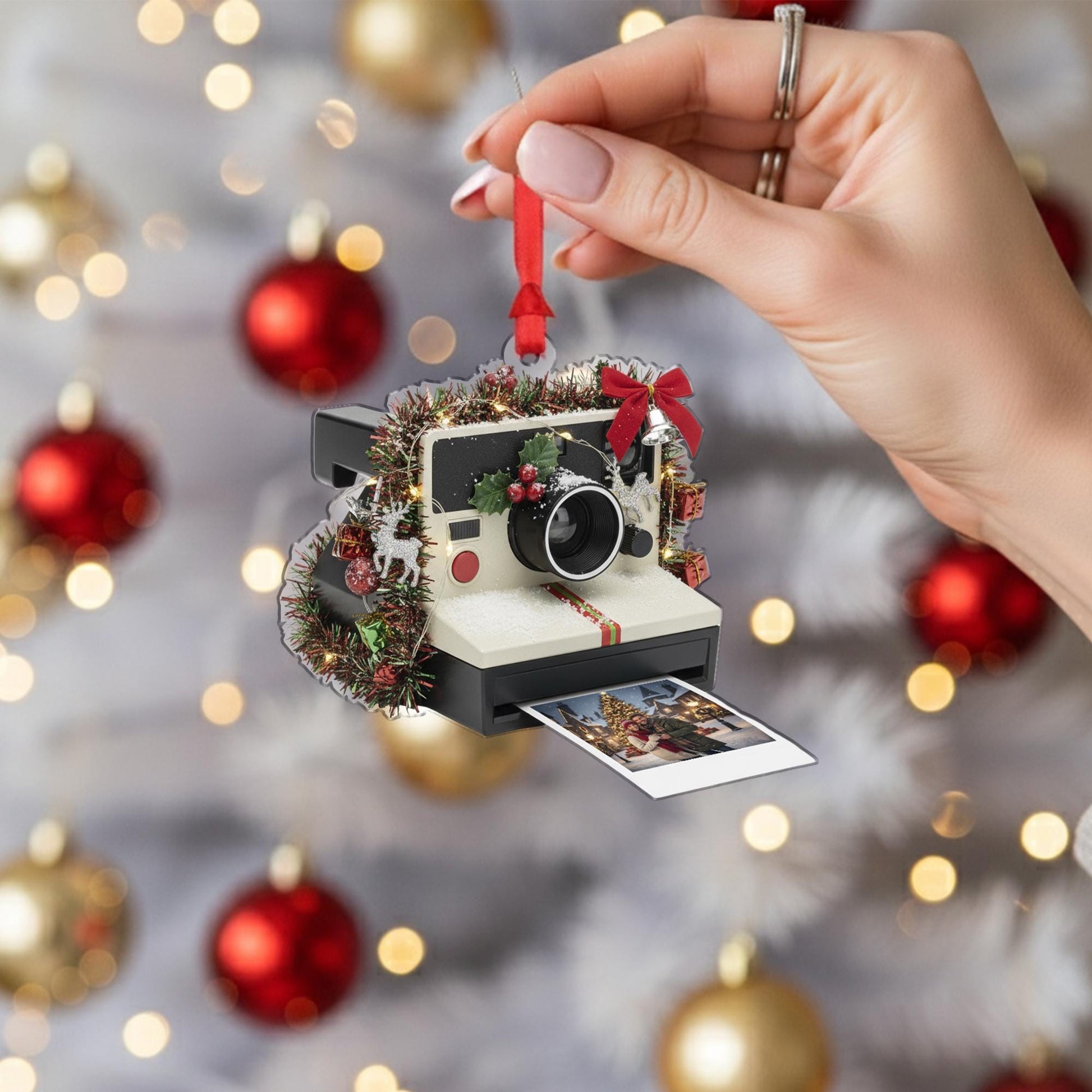 Camera Ornament: Retro Christmas Tree Decoration with Photo and Holiday Details