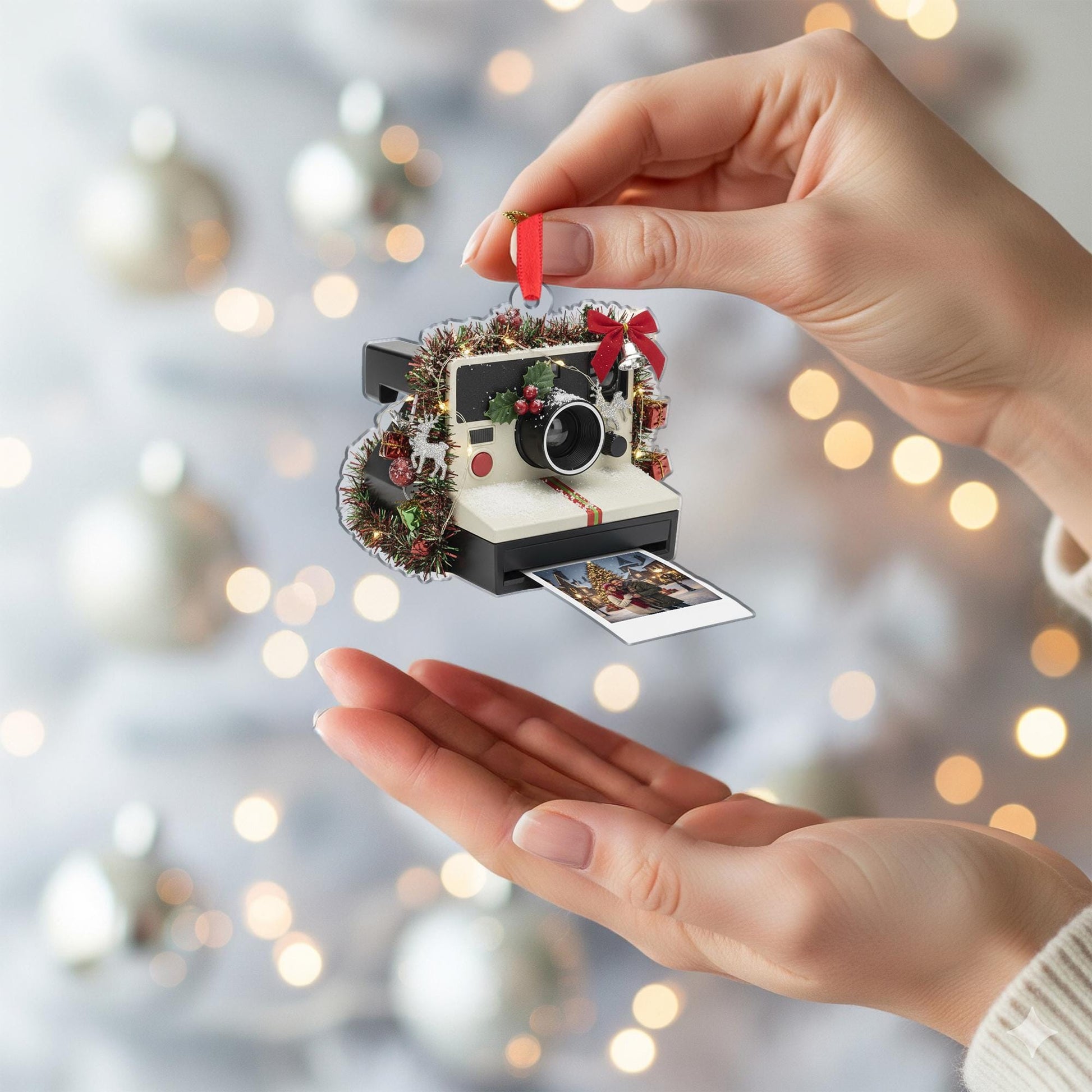 Camera Ornament: Retro Christmas Tree Decoration with Photo and Holiday Details
