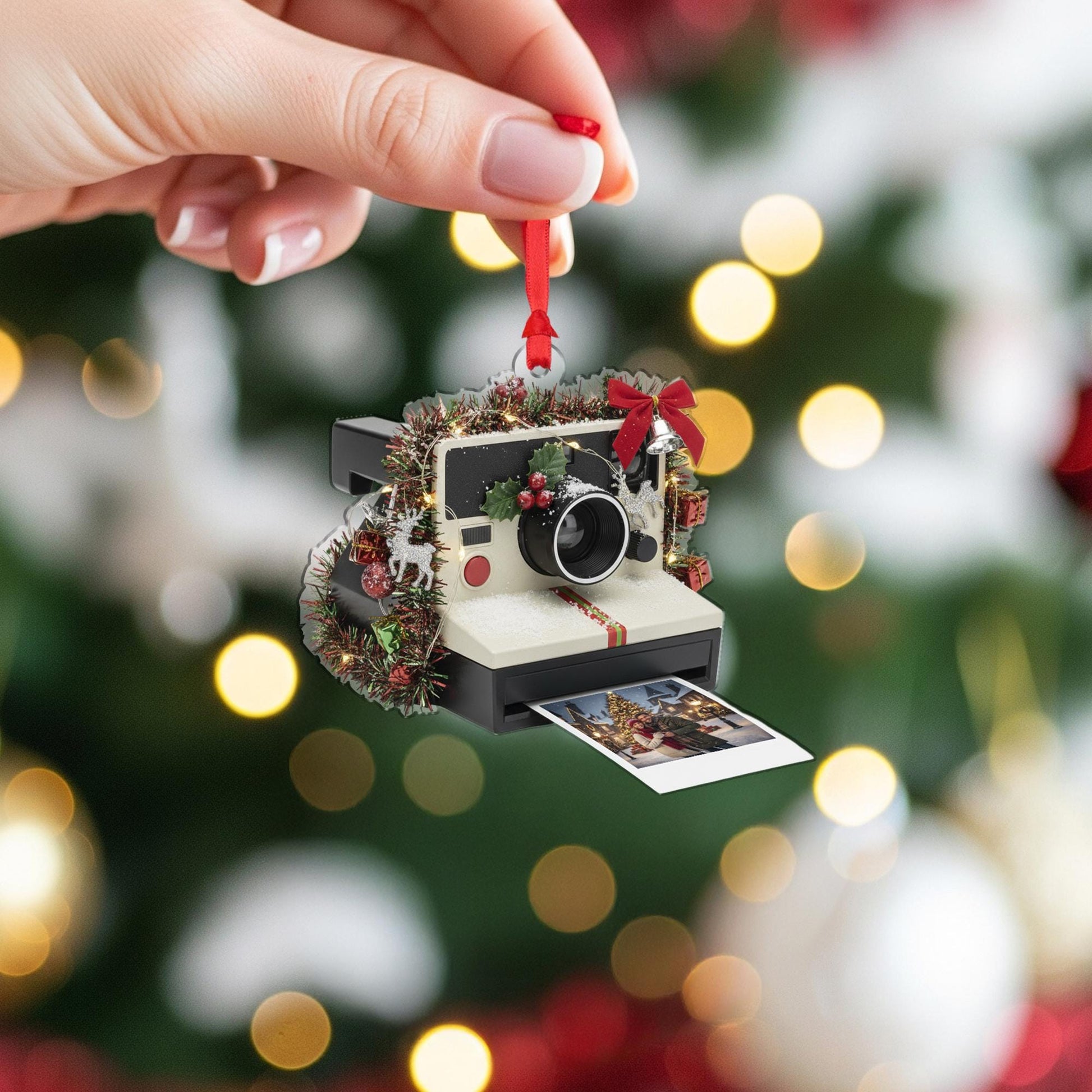 Camera Ornament: Retro Christmas Tree Decoration with Photo and Holiday Details