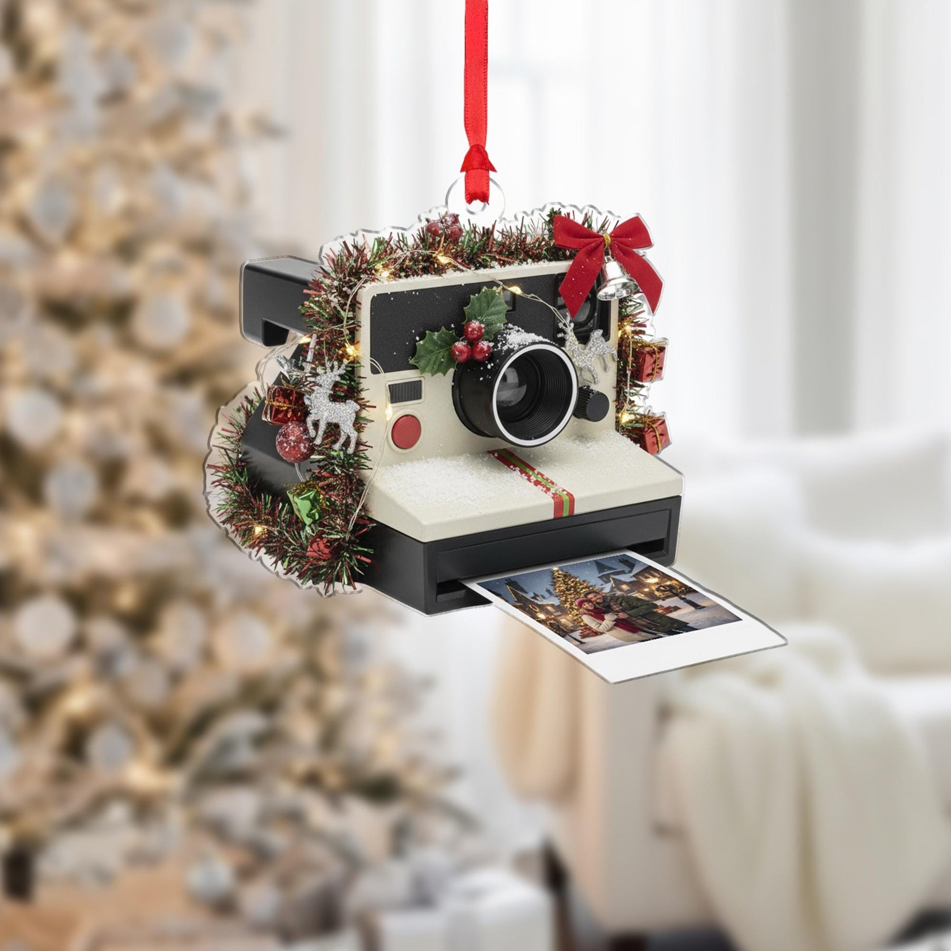 Camera Ornament: Retro Christmas Tree Decoration with Photo and Holiday Details