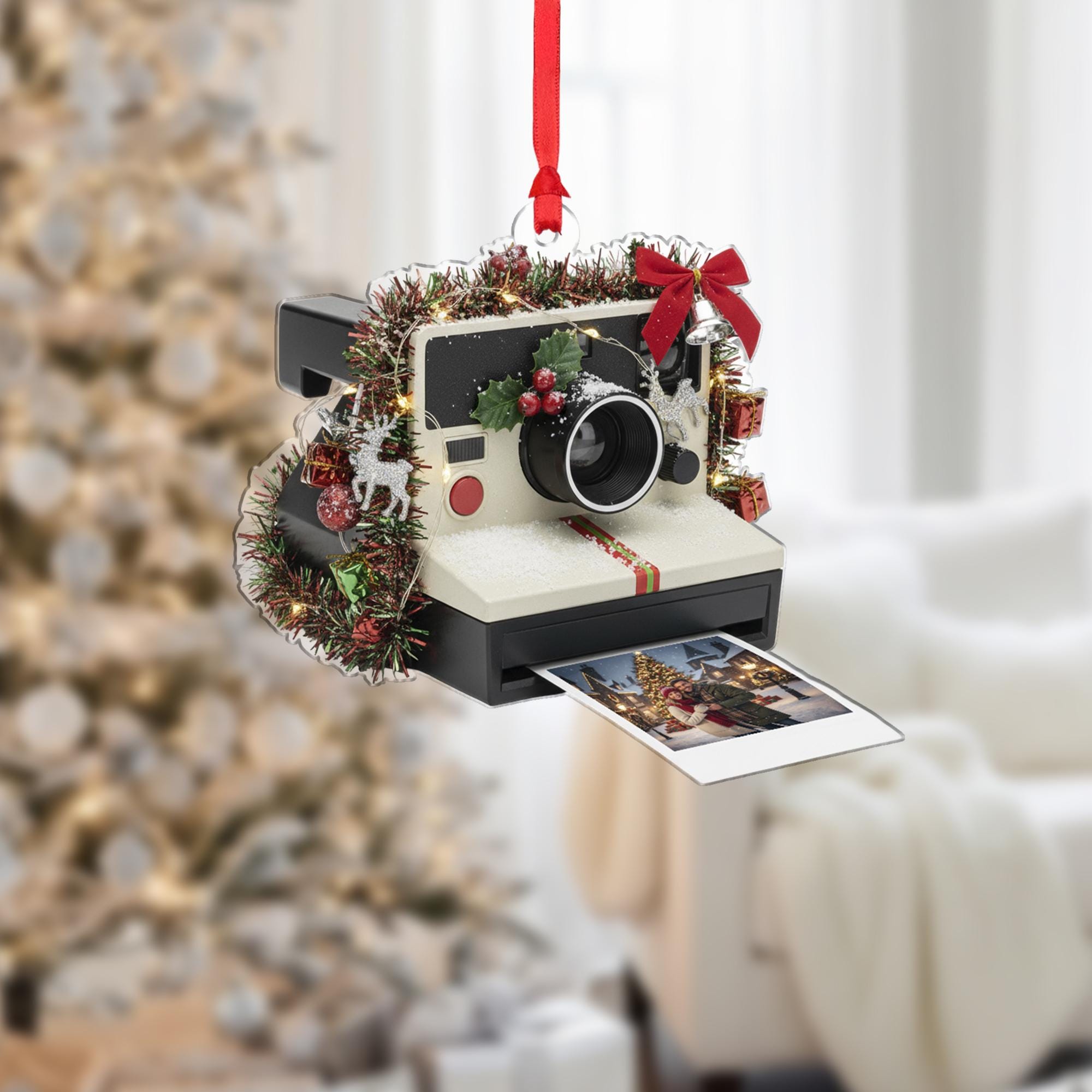 Camera Ornament: Retro Christmas Tree Decoration with Photo and Holiday Details