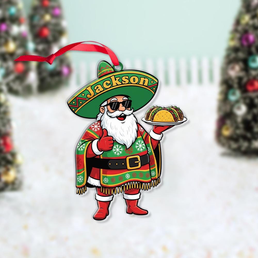 Custom Mexican Santa Ornament with Sombrero and Tacos – Personalized Christmas Tree Decoration