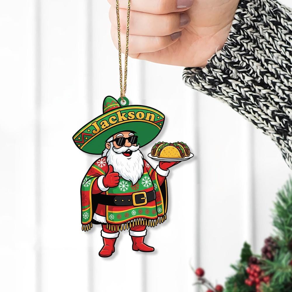 Custom Mexican Santa Ornament with Sombrero and Tacos – Personalized Christmas Tree Decoration