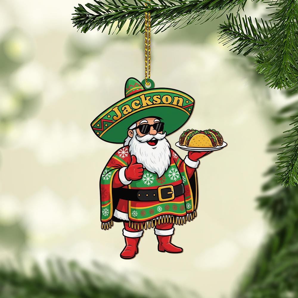 Custom Mexican Santa Ornament with Sombrero and Tacos – Personalized Christmas Tree Decoration
