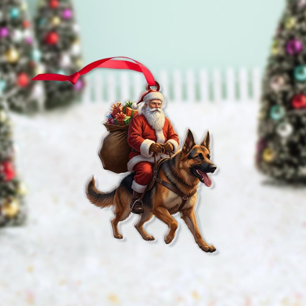 Santa Riding Dog Ornament – Christmas Decoration with German Shepherd and Gift Bag