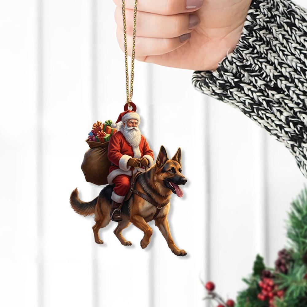 Santa Riding Dog Ornament – Christmas Decoration with German Shepherd and Gift Bag