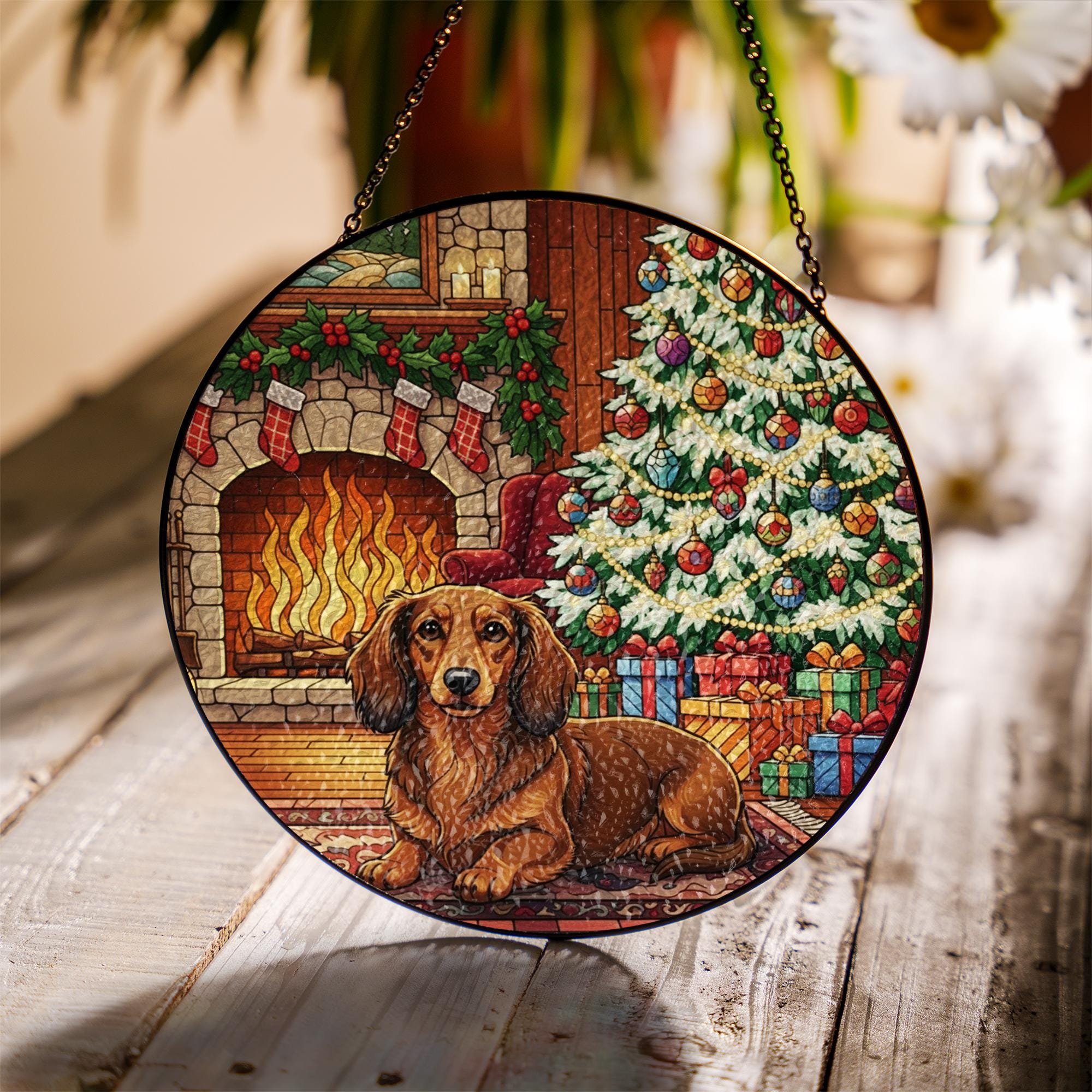 Christmas Dachshund Suncatcher: Holiday Dog Glass Window Decoration