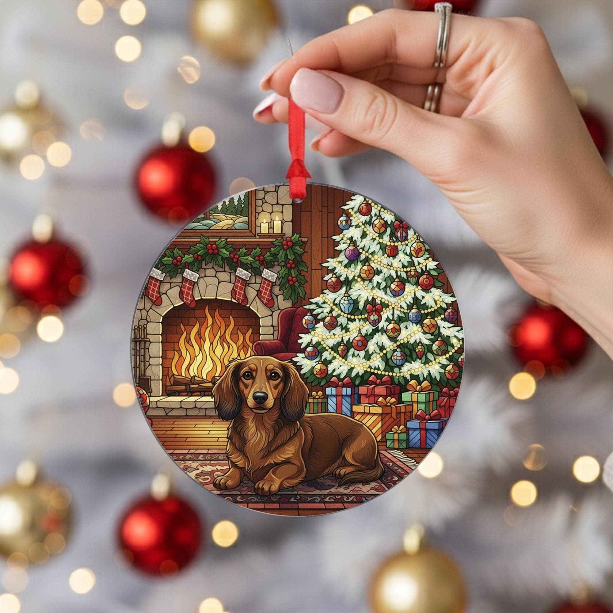 Dog Ornament: Dachshund Christmas Tree Fireplace Scene – Round Holiday Decoration