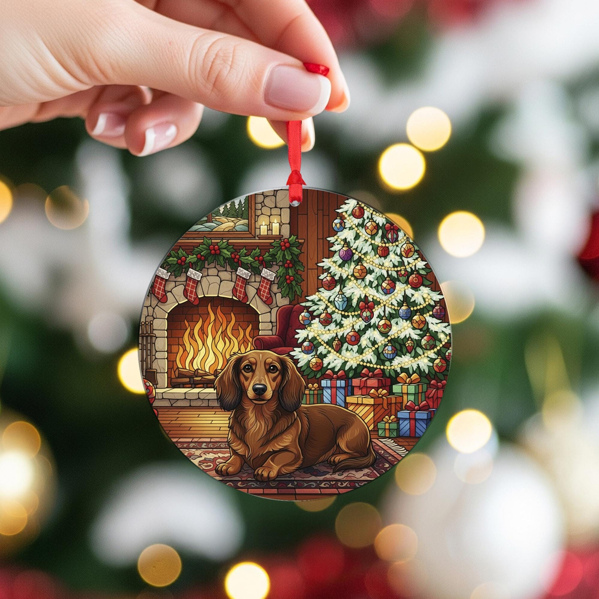 Dog Ornament: Dachshund Christmas Tree Fireplace Scene – Round Holiday Decoration