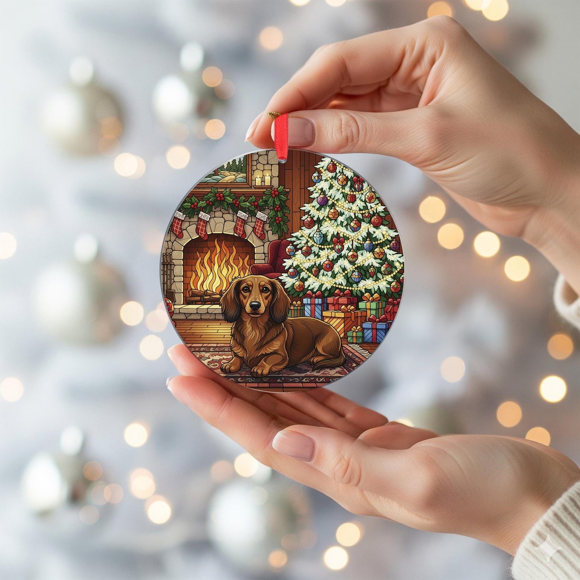Dog Ornament: Dachshund Christmas Tree Fireplace Scene – Round Holiday Decoration