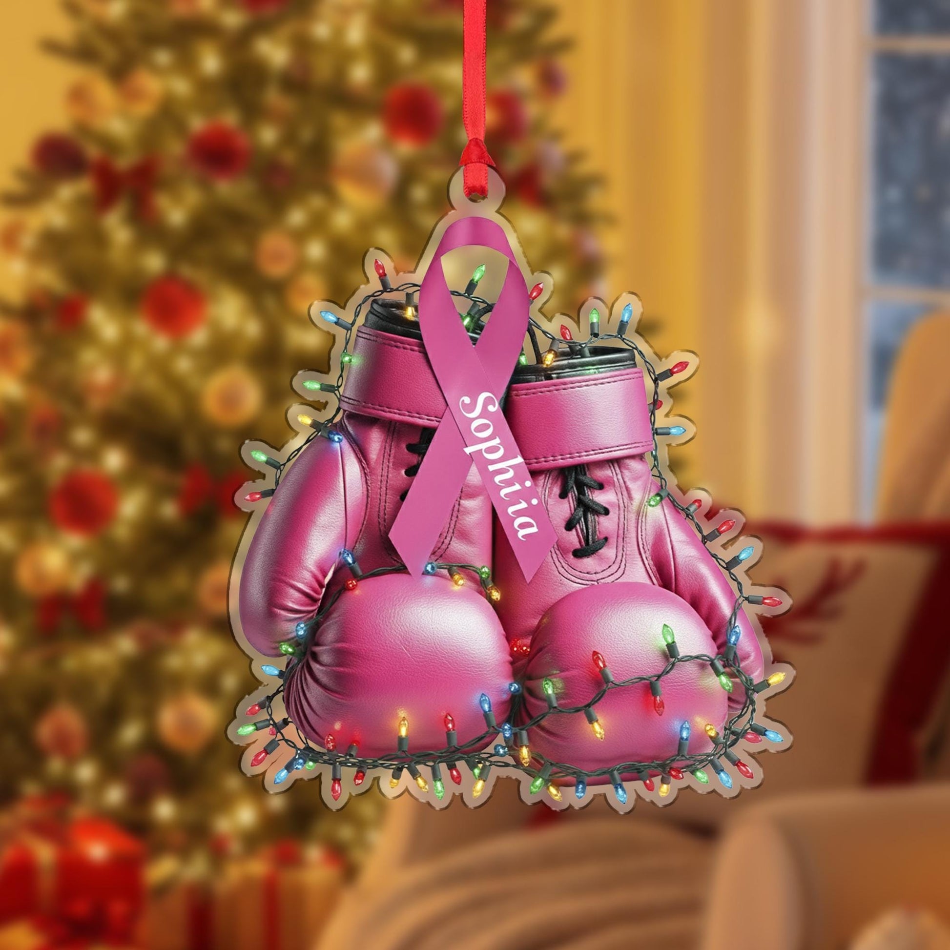 Breast Cancer Ornament – Personalized Pink Boxing Gloves Christmas Decor